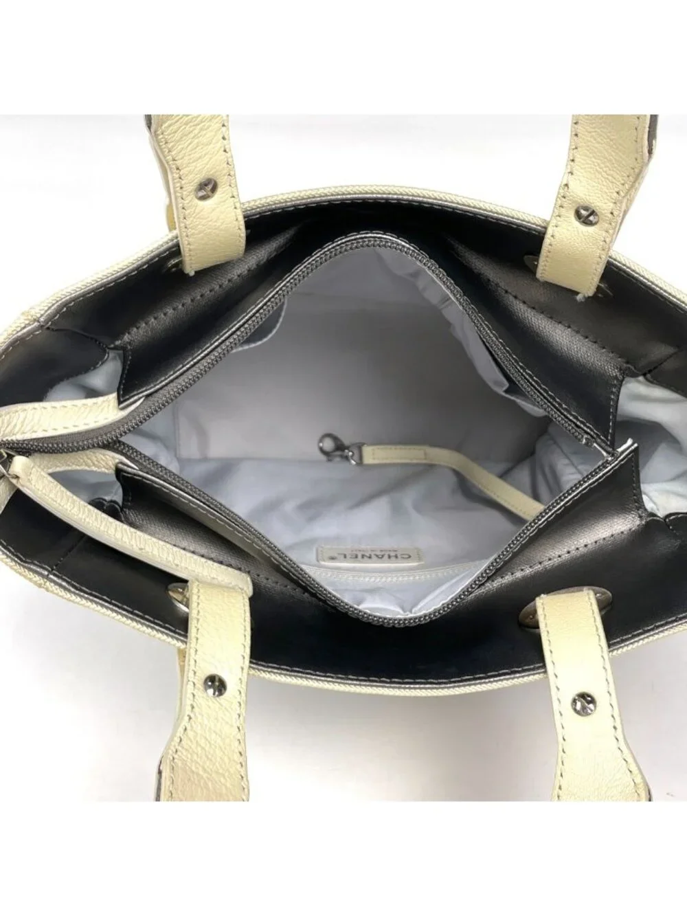 Chanel Tote Bag Paris Biarritz PM CC Logo Handle Gray Ivory